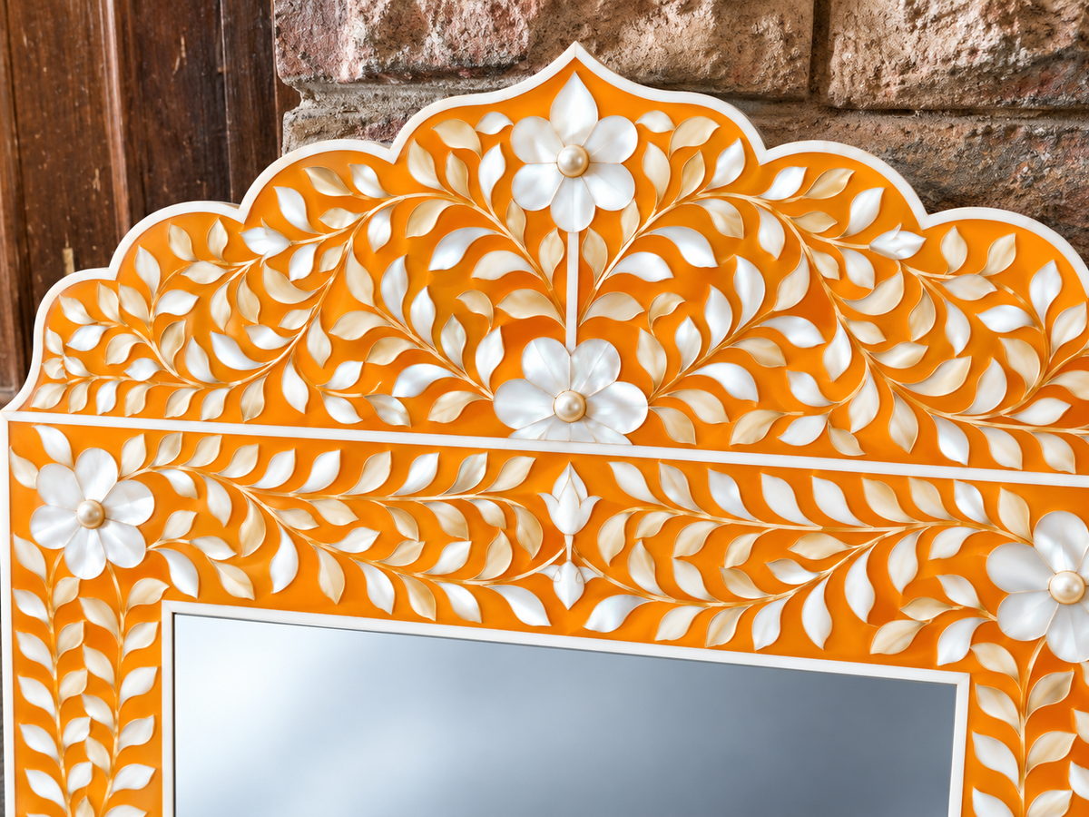 Orange Mother of Pearl Inlay Mirror – Handmade Floral Crown Wall Mirror