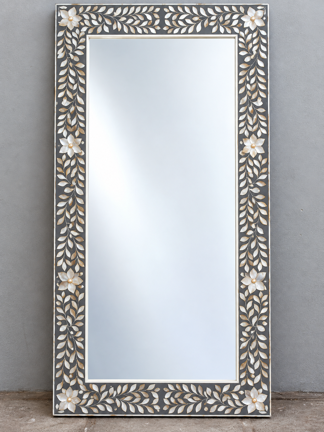 Handmade grey mother of pearl inlay rectangular wall mirror with floral and leafy vine design