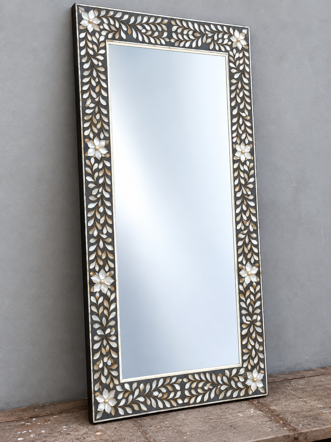 Grey Mother of Pearl Inlay Mirror – Handmade Floral Rectangular Wall Mirror