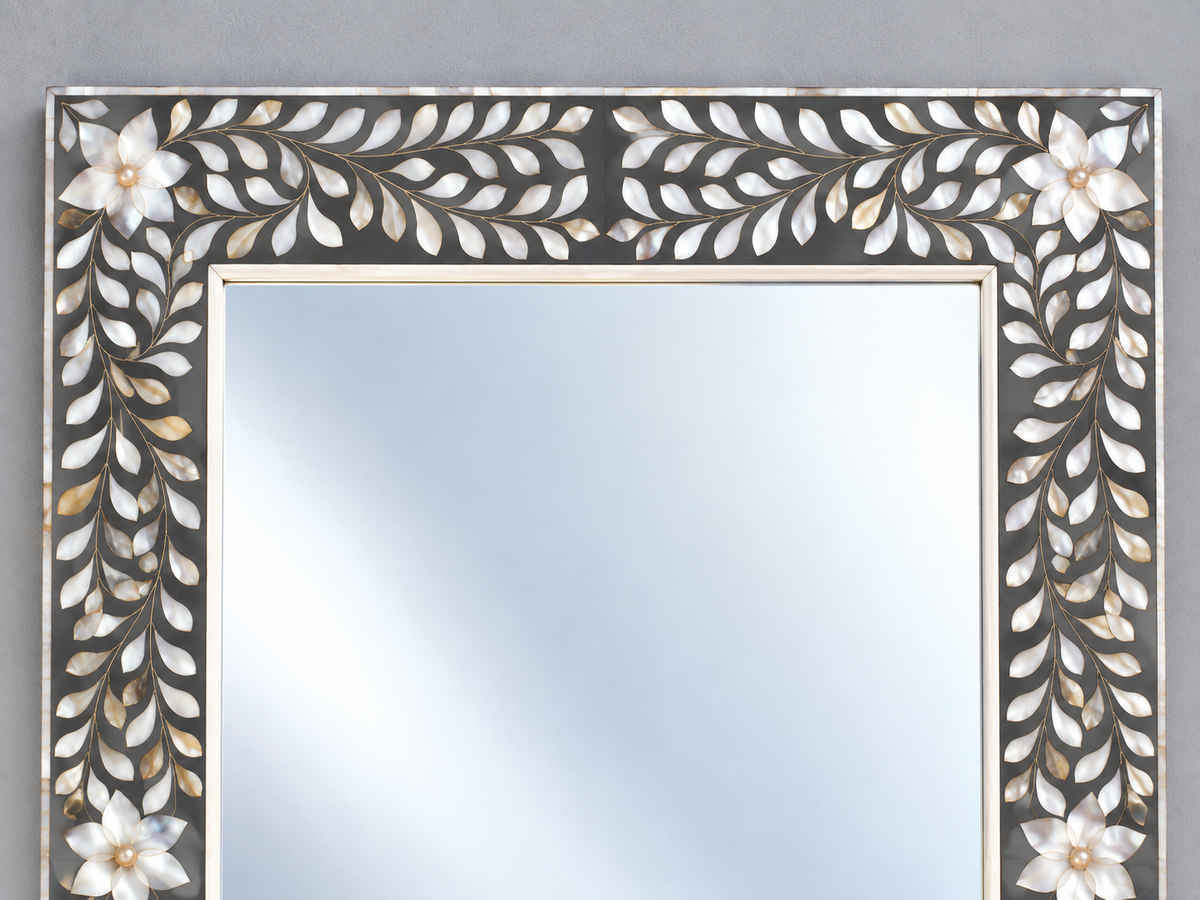 Grey Mother of Pearl Inlay Mirror – Handmade Floral Rectangular Wall Mirror