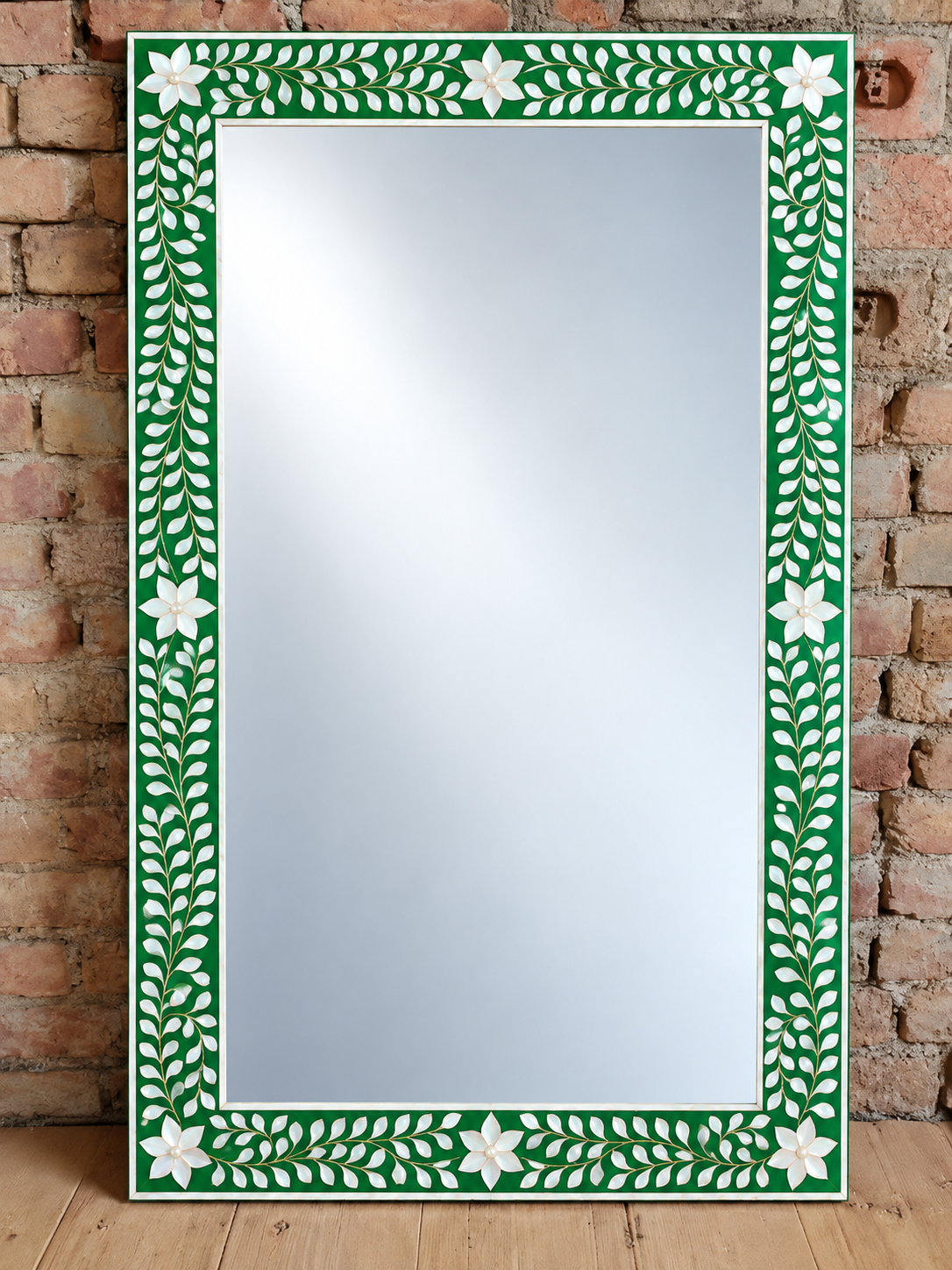 Green mother of pearl inlay rectangular wall mirror with handmade floral and leafy vine design