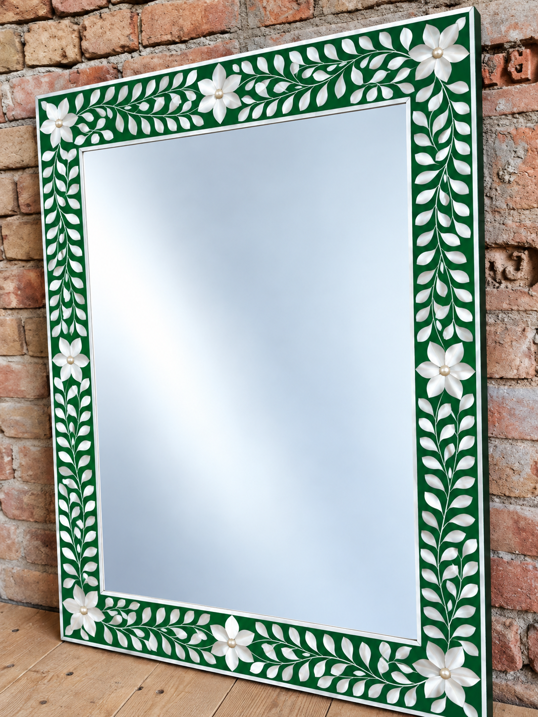 Green Mother of Pearl Inlay Mirror – Handmade Floral Rectangular Wall Mirror