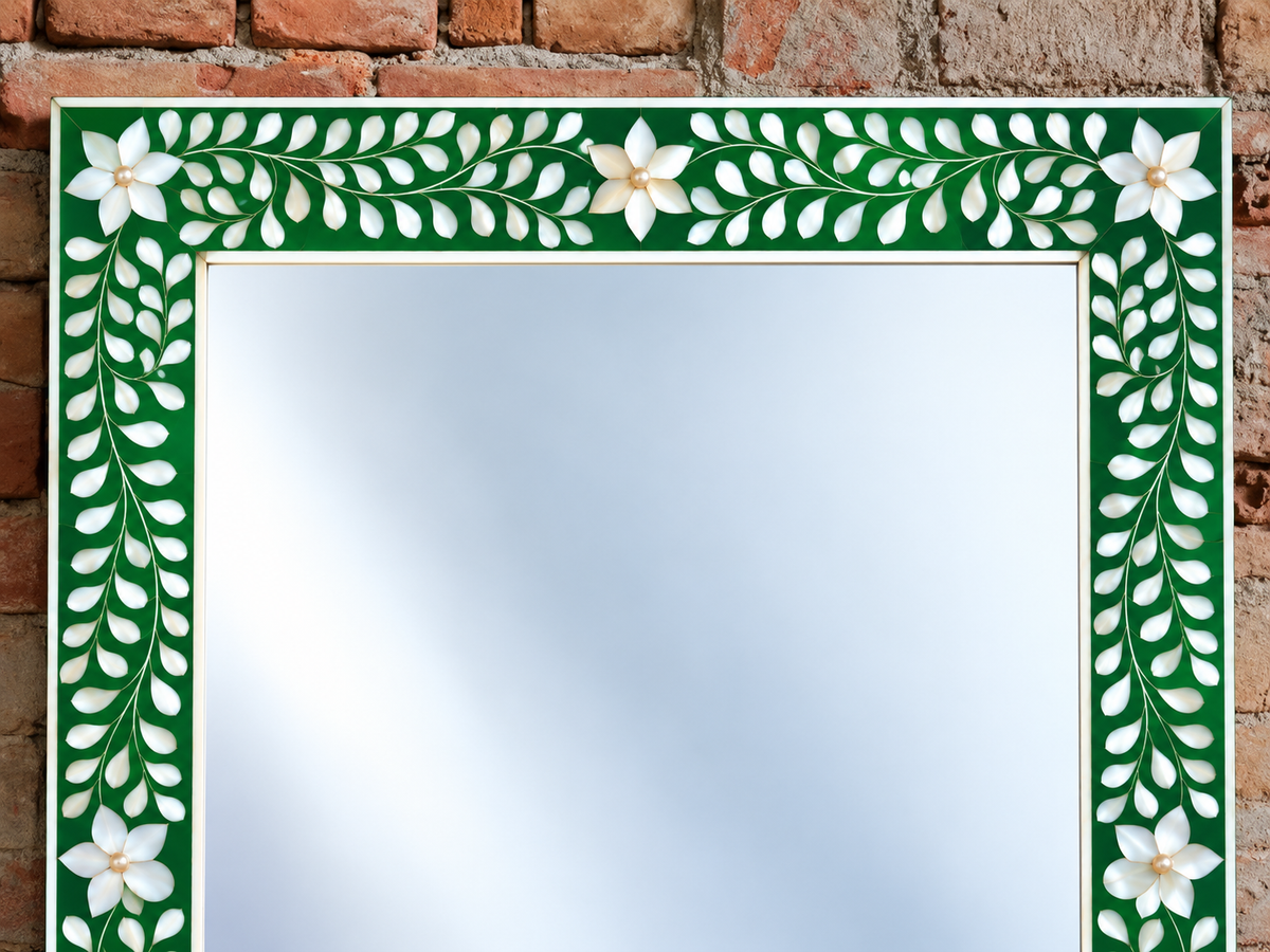 Green Mother of Pearl Inlay Mirror – Handmade Floral Rectangular Wall Mirror