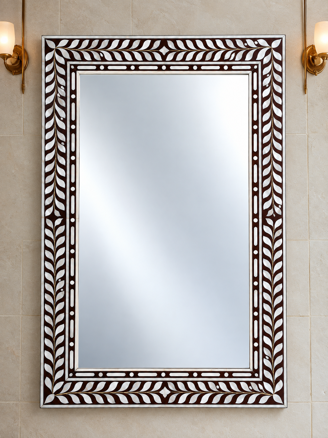 Handmade brown mother of pearl inlay rectangular wall mirror with white leaf and vine pattern