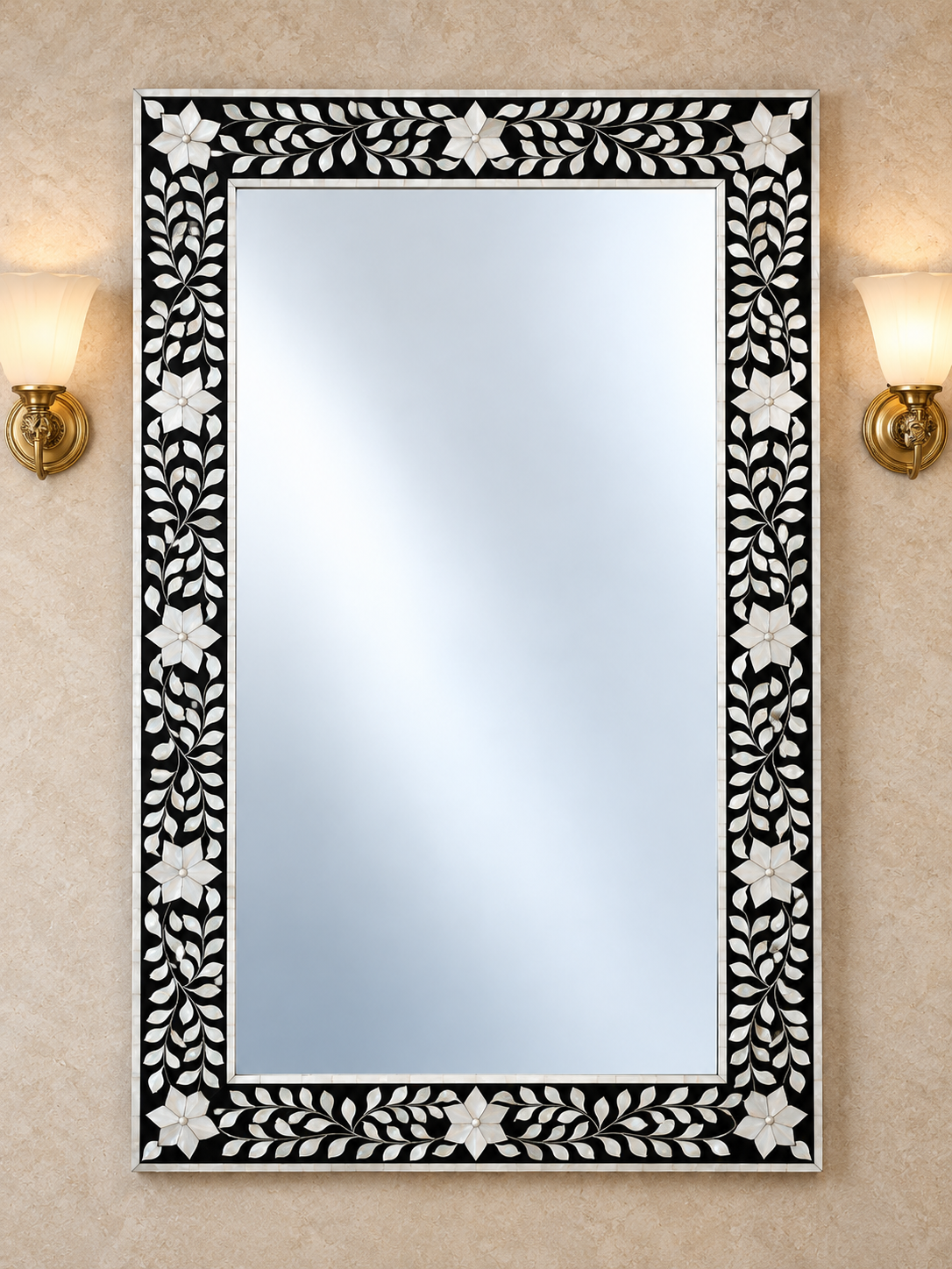 Handmade black mother of pearl inlay rectangular wall mirror with white floral and leaf design