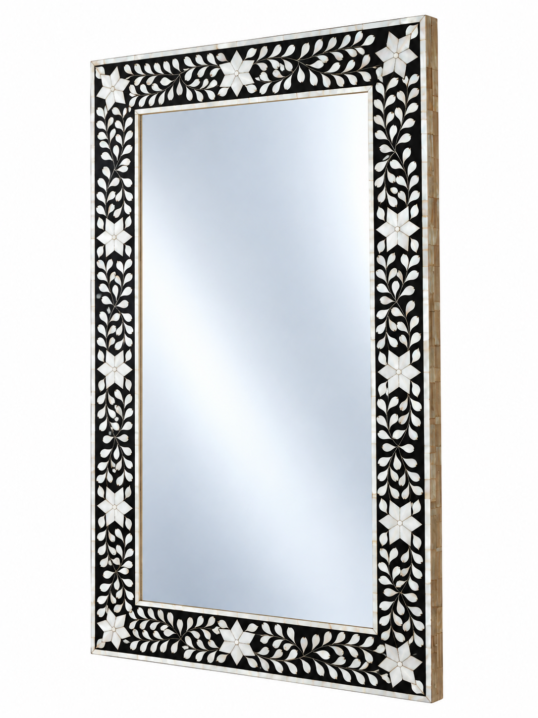 Black Mother of Pearl Inlay Mirror – Handmade Floral Rectangular Wall Mirror