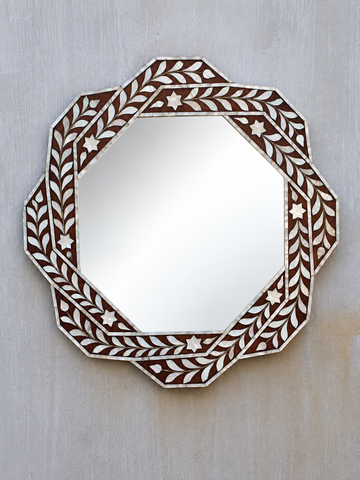 Brown Mother of Pearl Inlay Mirror – Geometric Floral Wall Mirror