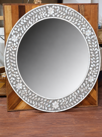 Grey Mother of Pearl Inlay Round Mirror – Handmade Floral Wall Mirror