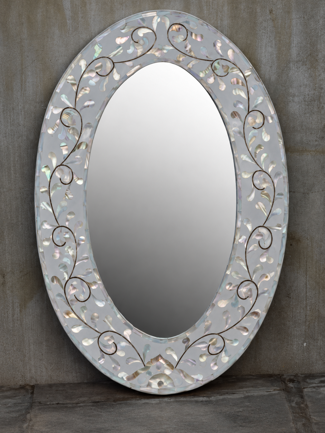 Handmade white mother of pearl inlay oval wall mirror with floral vine and scroll design
