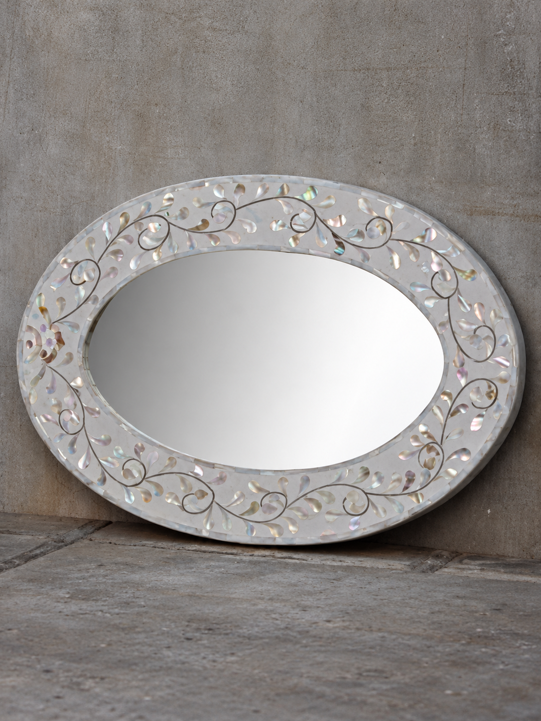 White Mother of Pearl Inlay Oval Mirror – Handmade Floral Vine Wall Mirror
