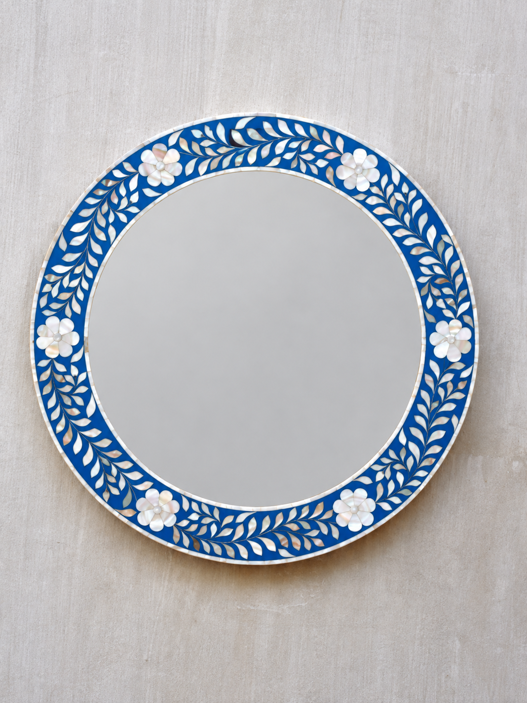 Blue mother of pearl inlay round wall mirror with handmade floral and leaf design