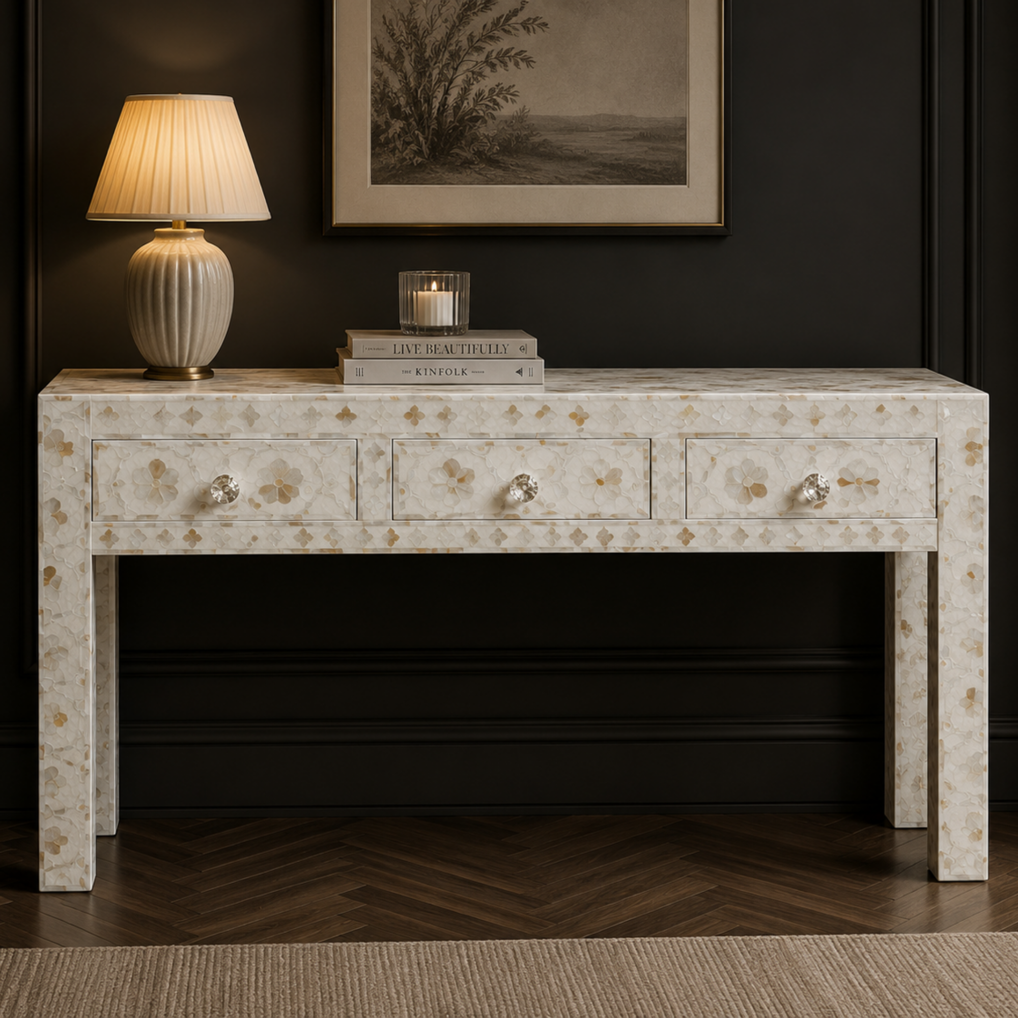 Handmade Mother of Pearl Floral Console Table | White MOP Inlay Entryway Table with 3 Drawers | Luxury Hallway Furniture