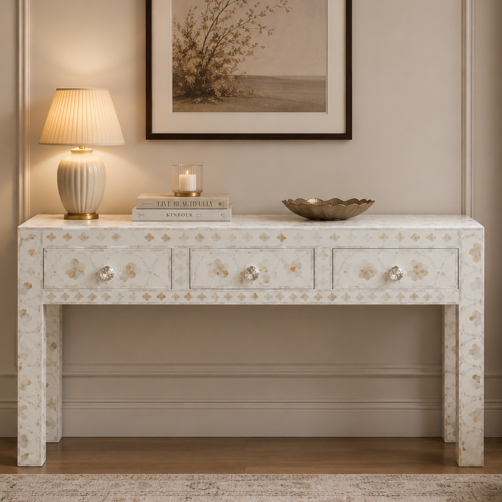 Handmade Mother of Pearl Floral Console Table | White MOP Inlay Entryway Table with 3 Drawers | Luxury Hallway Furniture