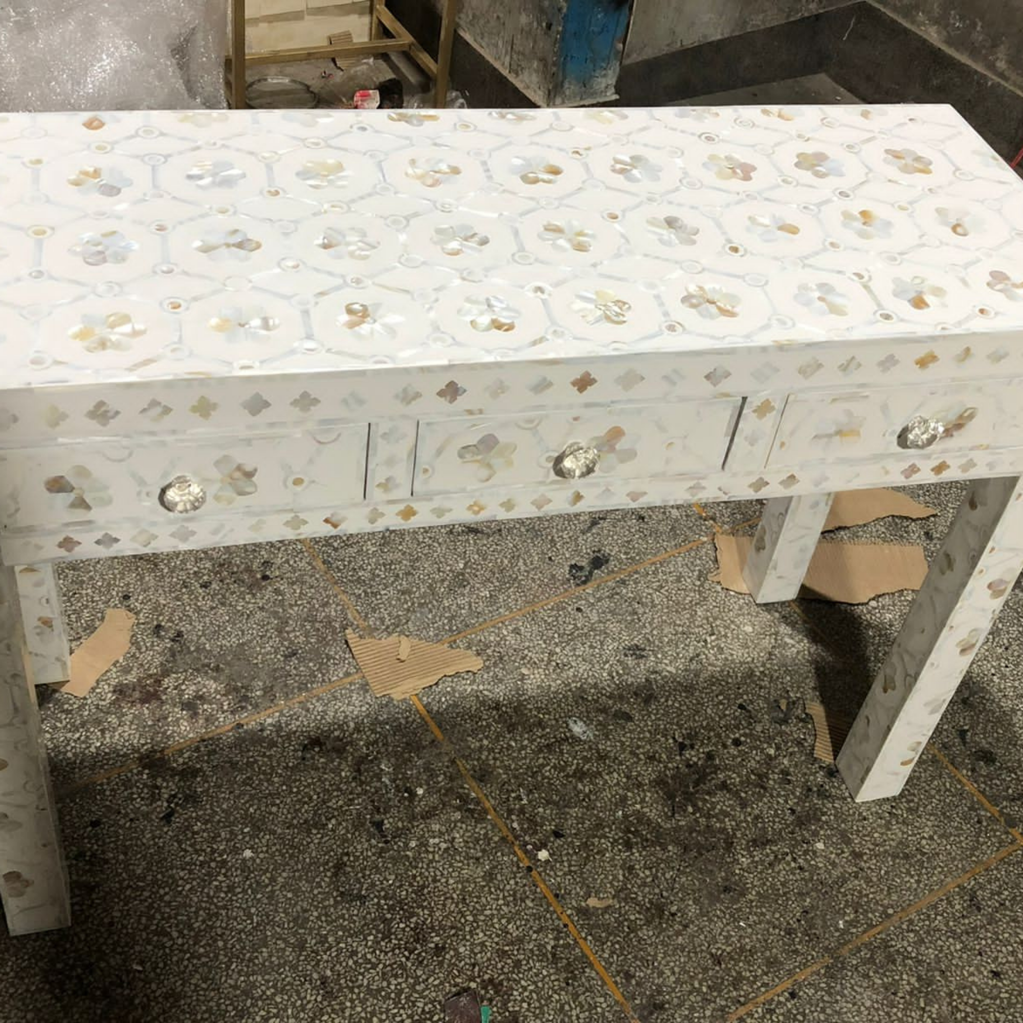 Handmade Mother of Pearl Floral Console Table | White MOP Inlay Entryway Table with 3 Drawers | Luxury Hallway Furniture