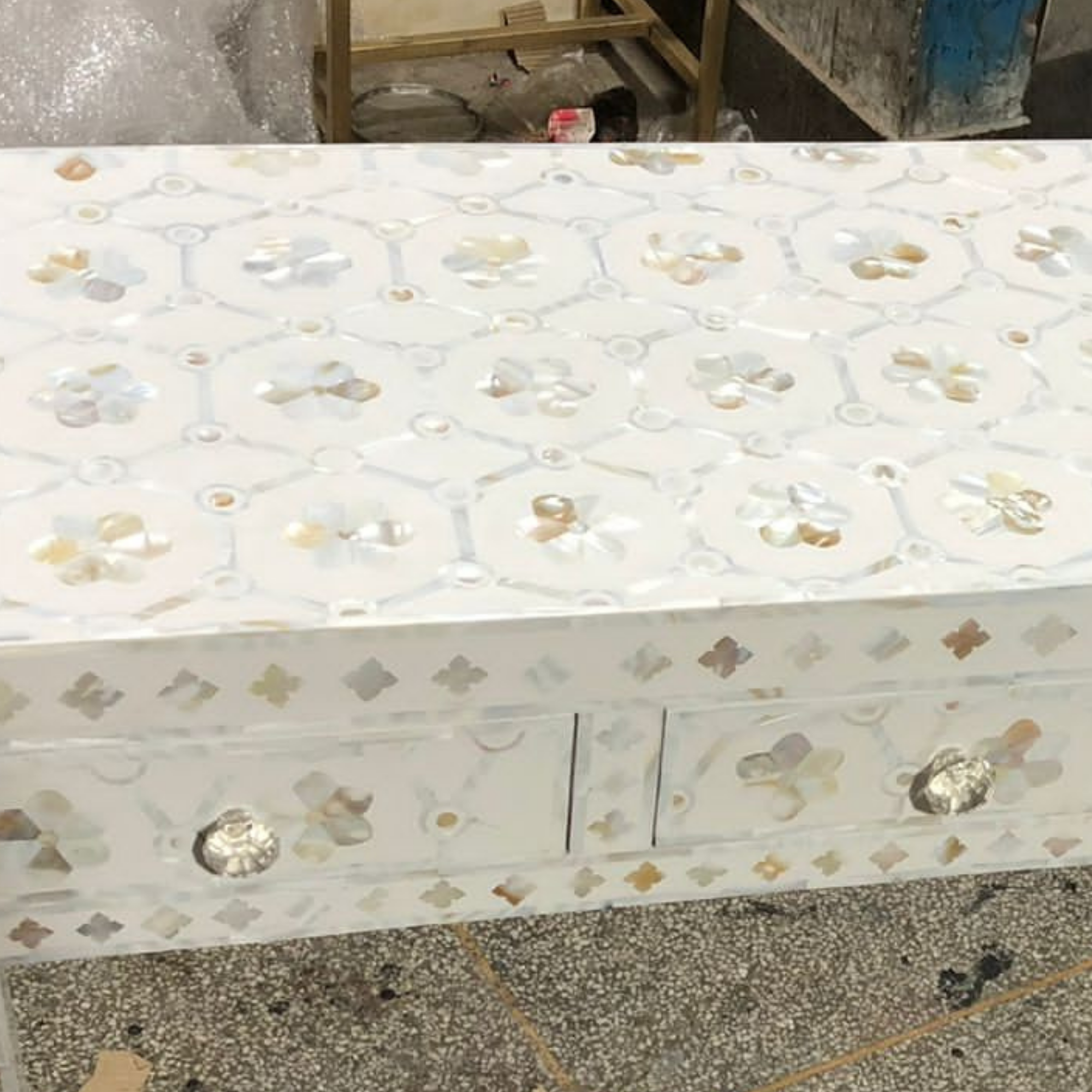 Handmade Mother of Pearl Floral Console Table | White MOP Inlay Entryway Table with 3 Drawers | Luxury Hallway Furniture