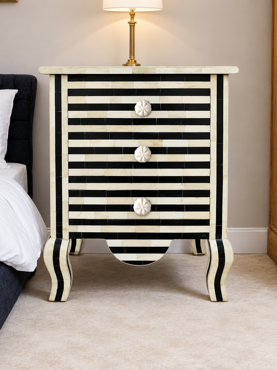 Handmade Black & White Bone Inlay Bedside Table – Striped 3 Drawer Nightstand