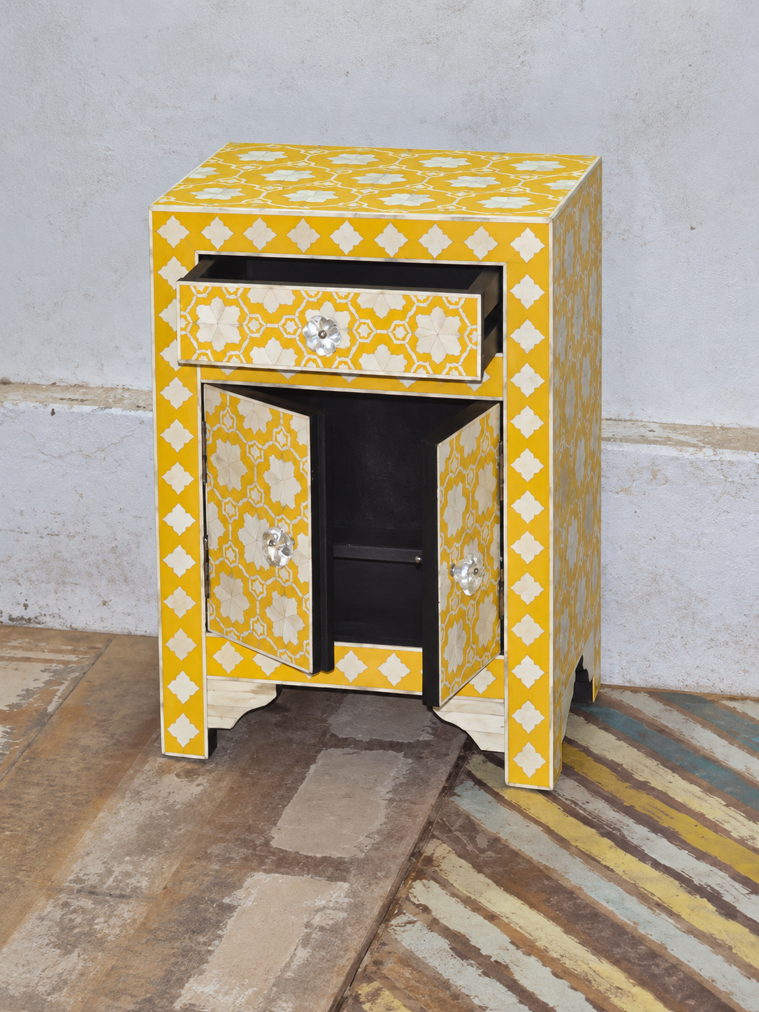 Handmade Yellow Bone Inlay Bedside Table – Floral Design with Drawer & Cabinet