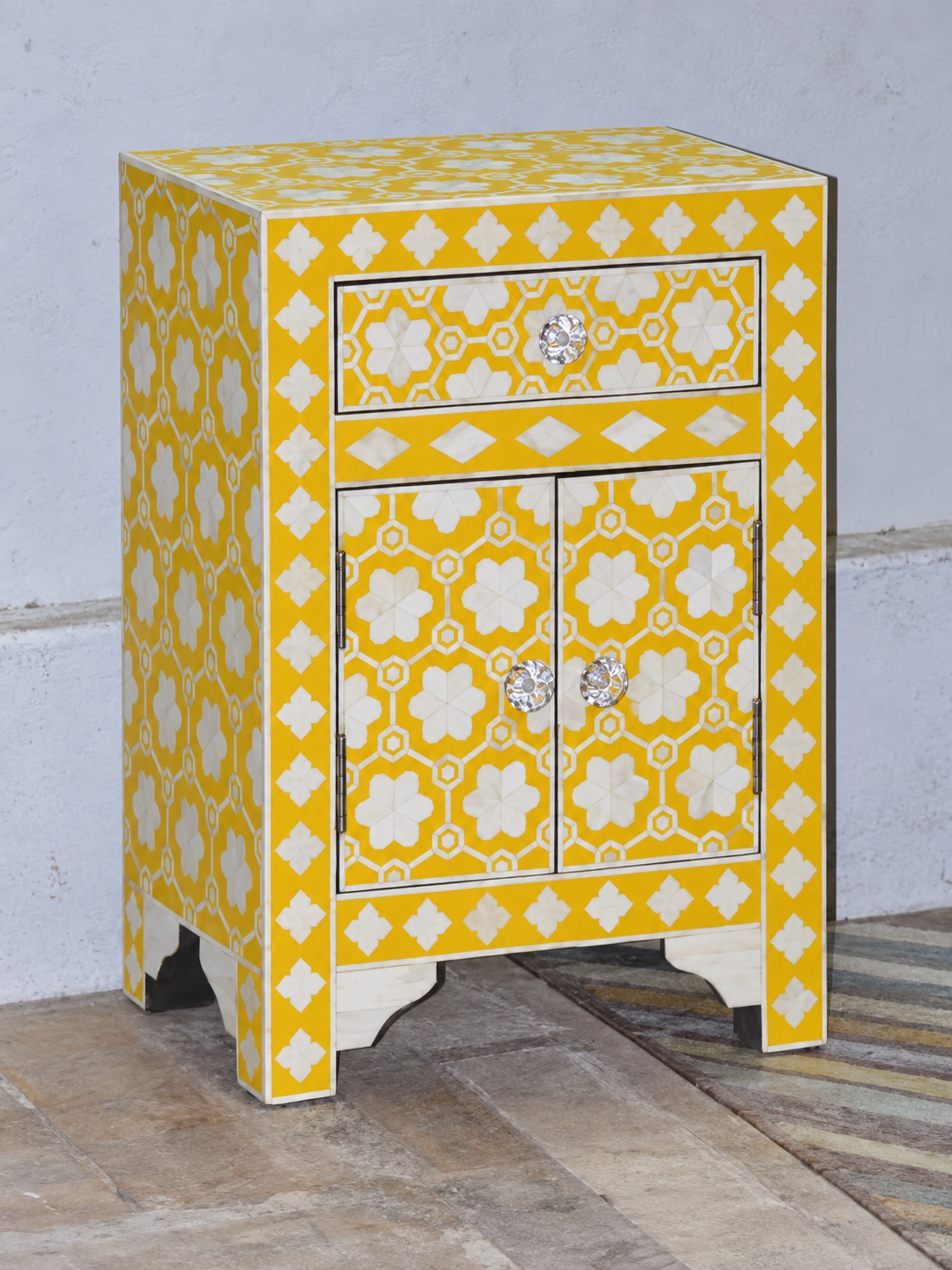 Handmade Yellow Bone Inlay Bedside Table – Floral Design with Drawer & Cabinet