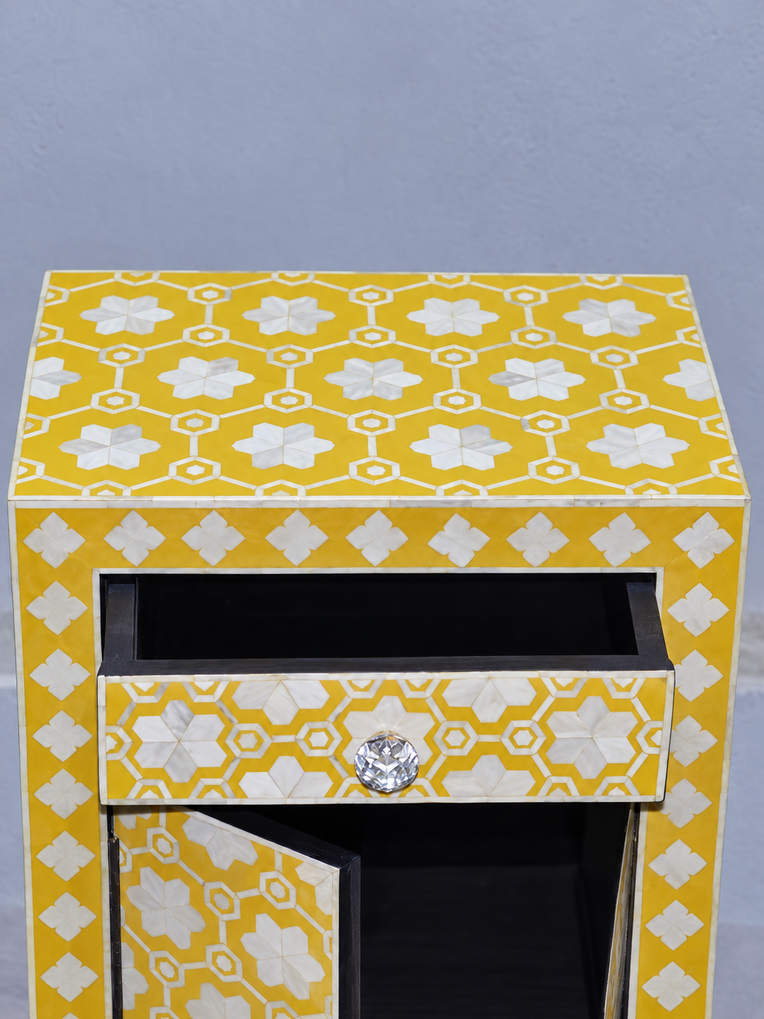Handmade Yellow Bone Inlay Bedside Table – Floral Design with Drawer & Cabinet