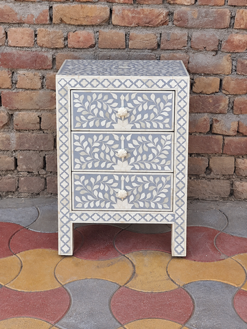 Handmade Grey Bone Inlay Bedside Table – Floral 3 Drawer Nightstand
