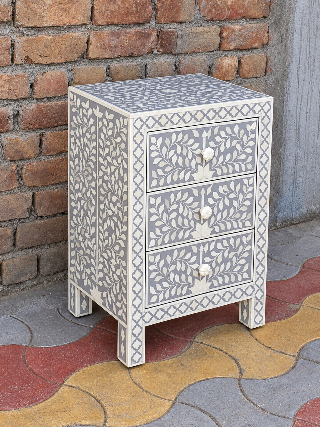 Handmade Grey Bone Inlay Bedside Table – Floral 3 Drawer Nightstand