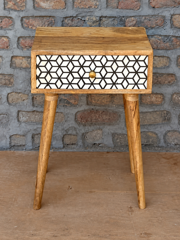 Handmade Bone Inlay Bedside Table – Black & White Geometric Wooden Nightstand