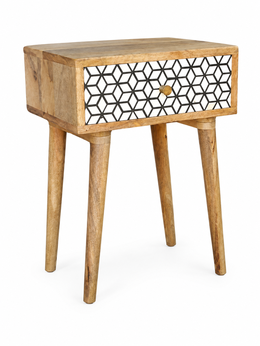 Handmade Bone Inlay Bedside Table – Black & White Geometric Wooden Nightstand