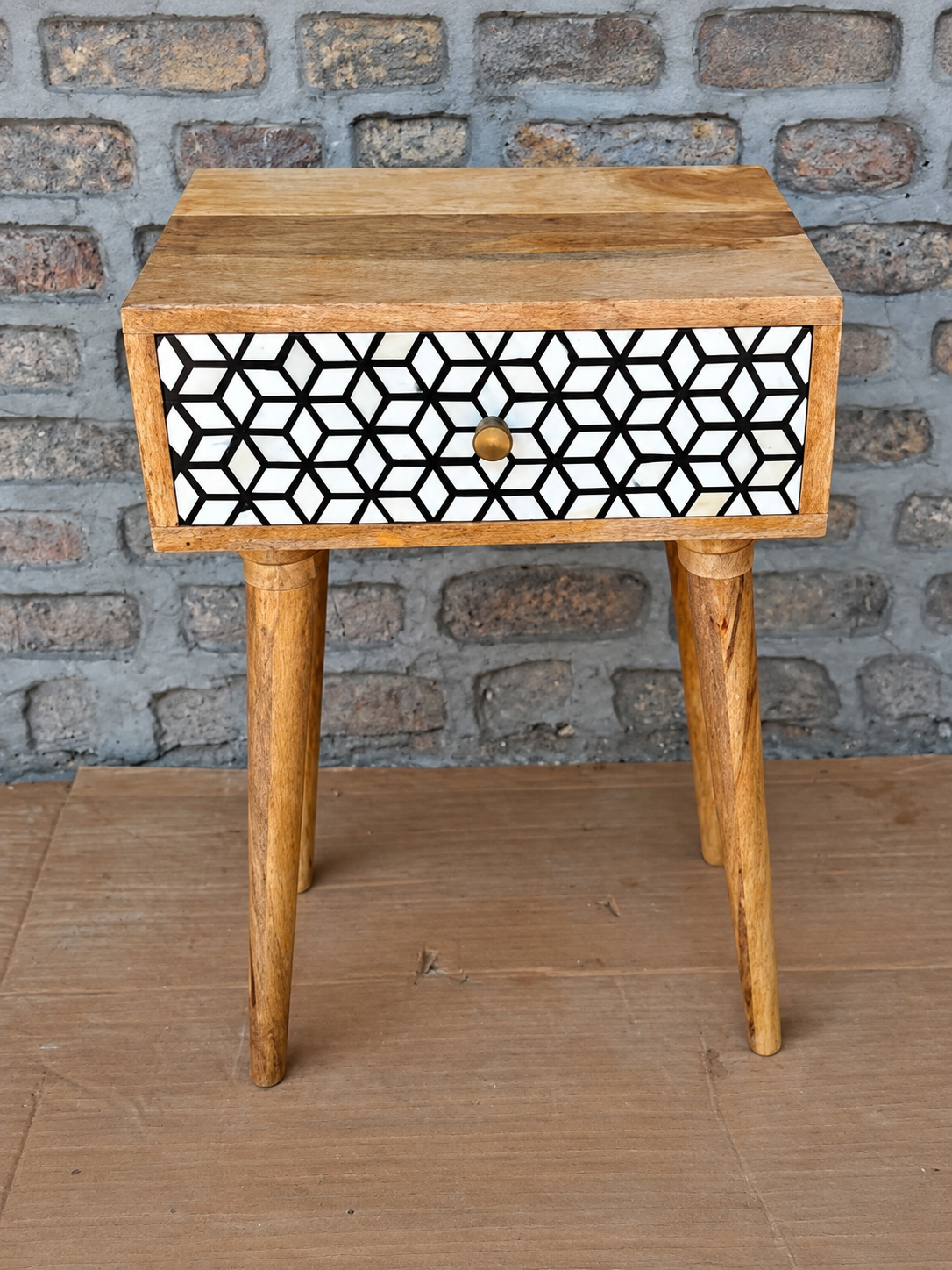 Handmade Bone Inlay Bedside Table – Black & White Geometric Wooden Nightstand