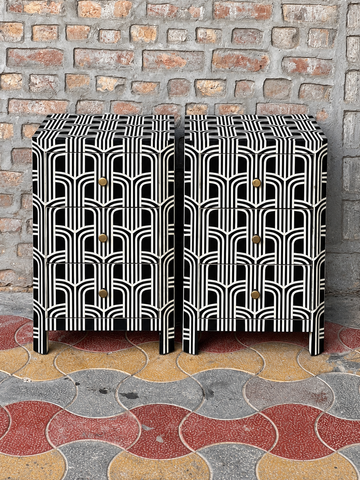 Set of 2 Handmade Black Bone Inlay Bedside Tables – 3 Drawer Nightstands