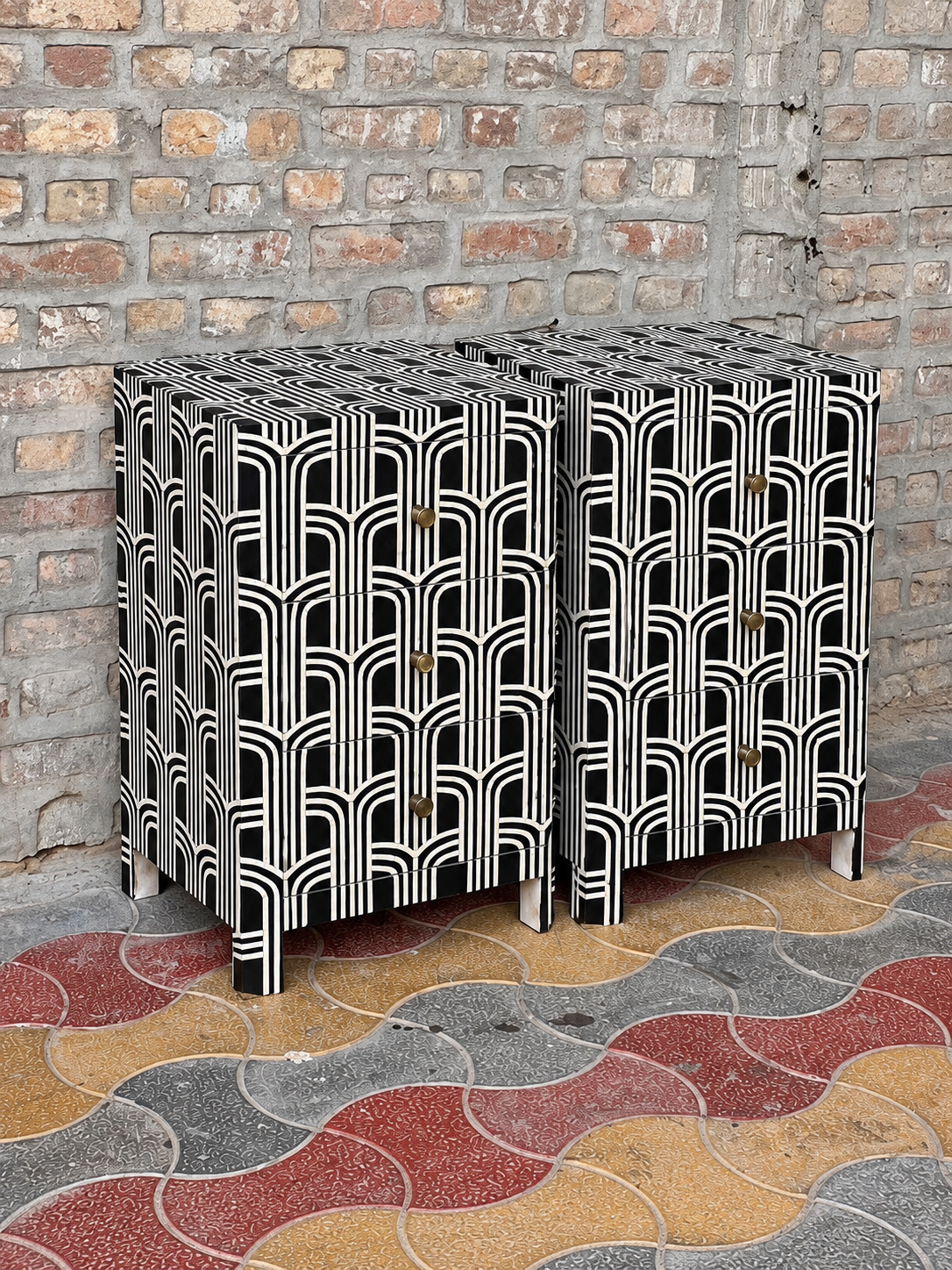 Set of 2 Handmade Black Bone Inlay Bedside Tables – 3 Drawer Nightstands