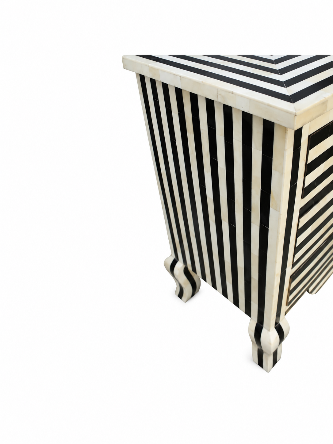 Handmade Black & White Bone Inlay Bedside Table – Striped 3 Drawer Nightstand