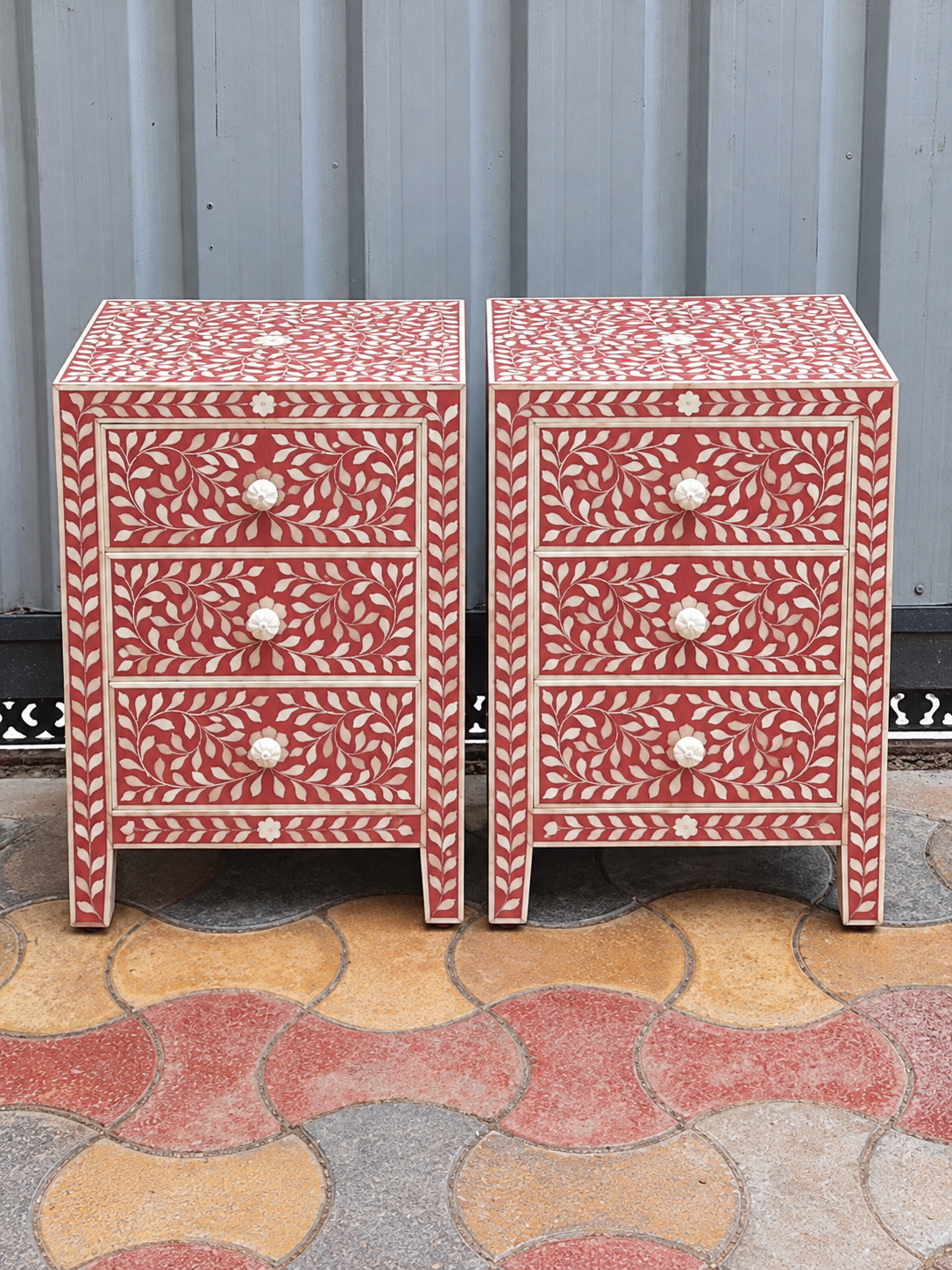 Set of 2 Handmade Red Bone Inlay Bedside Tables – Floral 3 Drawer Nightstands