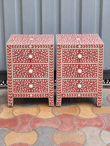 Set of 2 Handmade Red Bone Inlay Bedside Tables – Floral 3 Drawer Nightstands