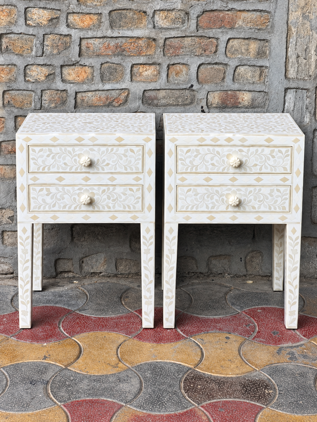 Set of 2 Handmade White Bone Inlay Bedside Tables – Floral 2 Drawer Nightstands