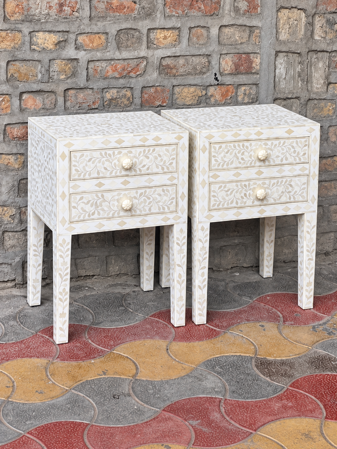 Set of 2 Handmade White Bone Inlay Bedside Tables – Floral 2 Drawer Nightstands