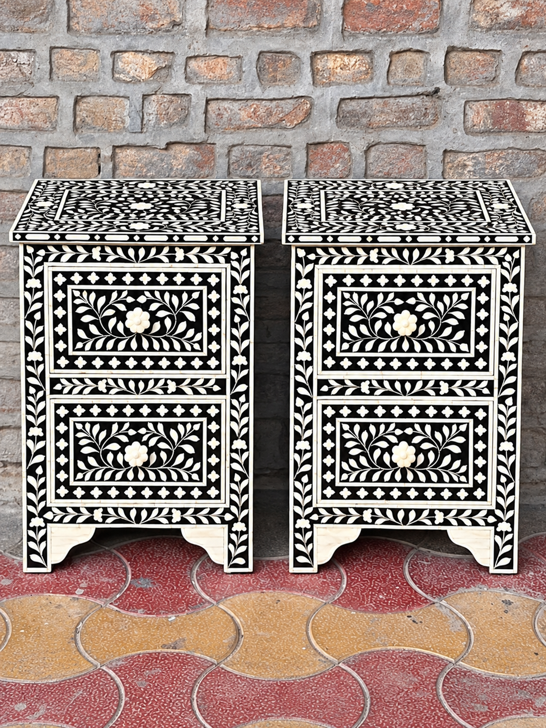 Set of 2 Handmade Black Bone Inlay Bedside Tables – Floral 2 Drawer Nightstands