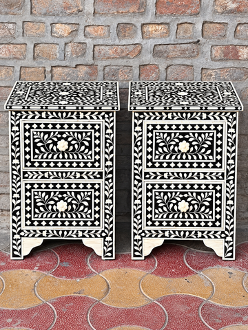 Set of 2 Handmade Black Bone Inlay Bedside Tables – Floral 2 Drawer Nightstands