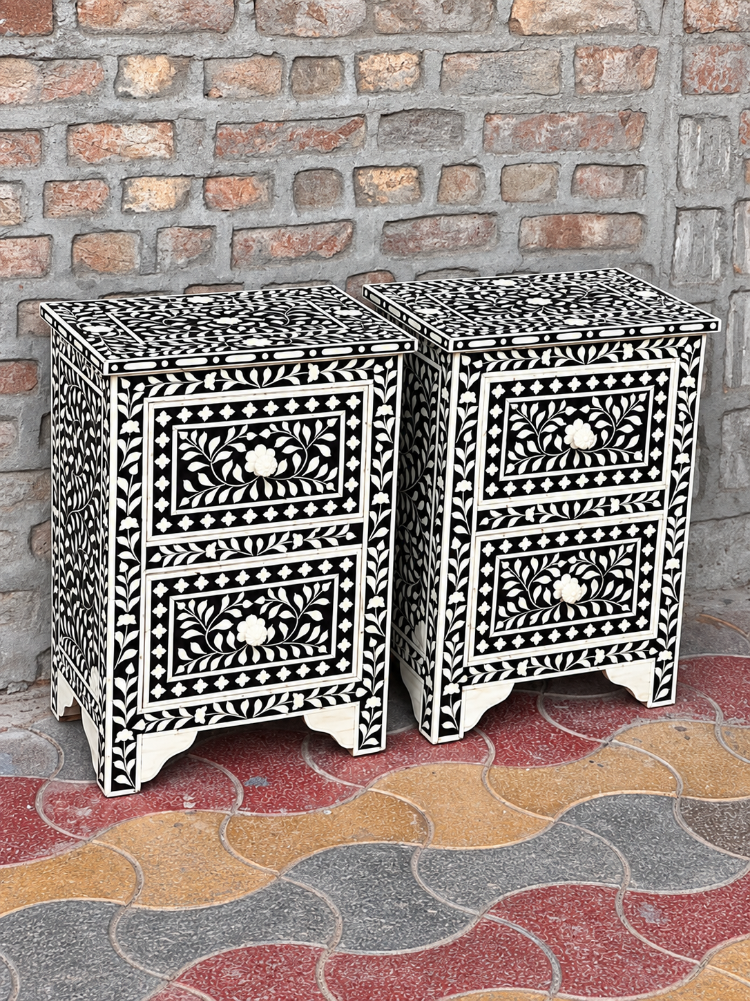 Set of 2 Handmade Black Bone Inlay Bedside Tables – Floral 2 Drawer Nightstands