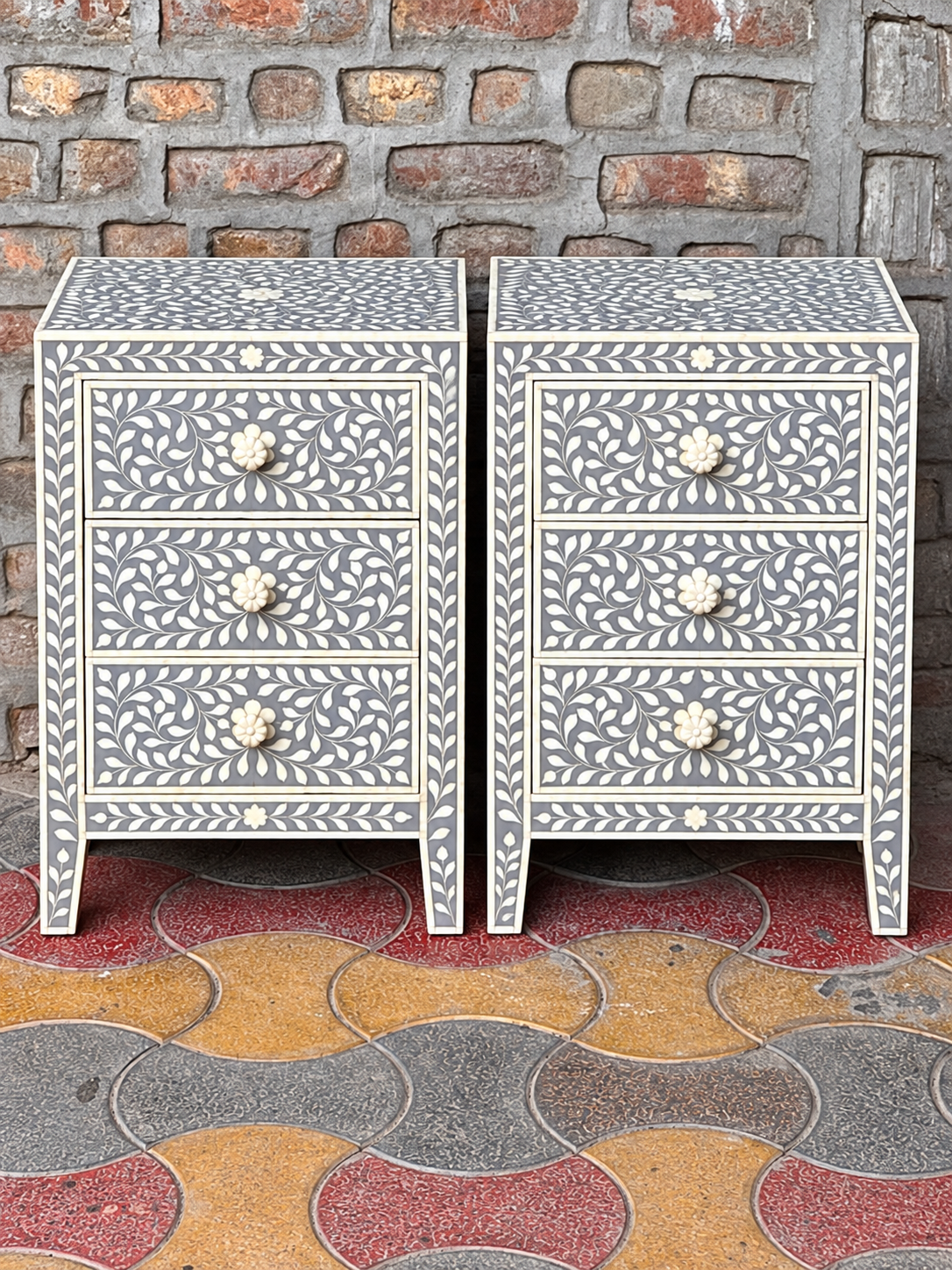 Set of 2 Handmade Grey Bone Inlay Bedside Tables – Floral 3 Drawer Nightstands