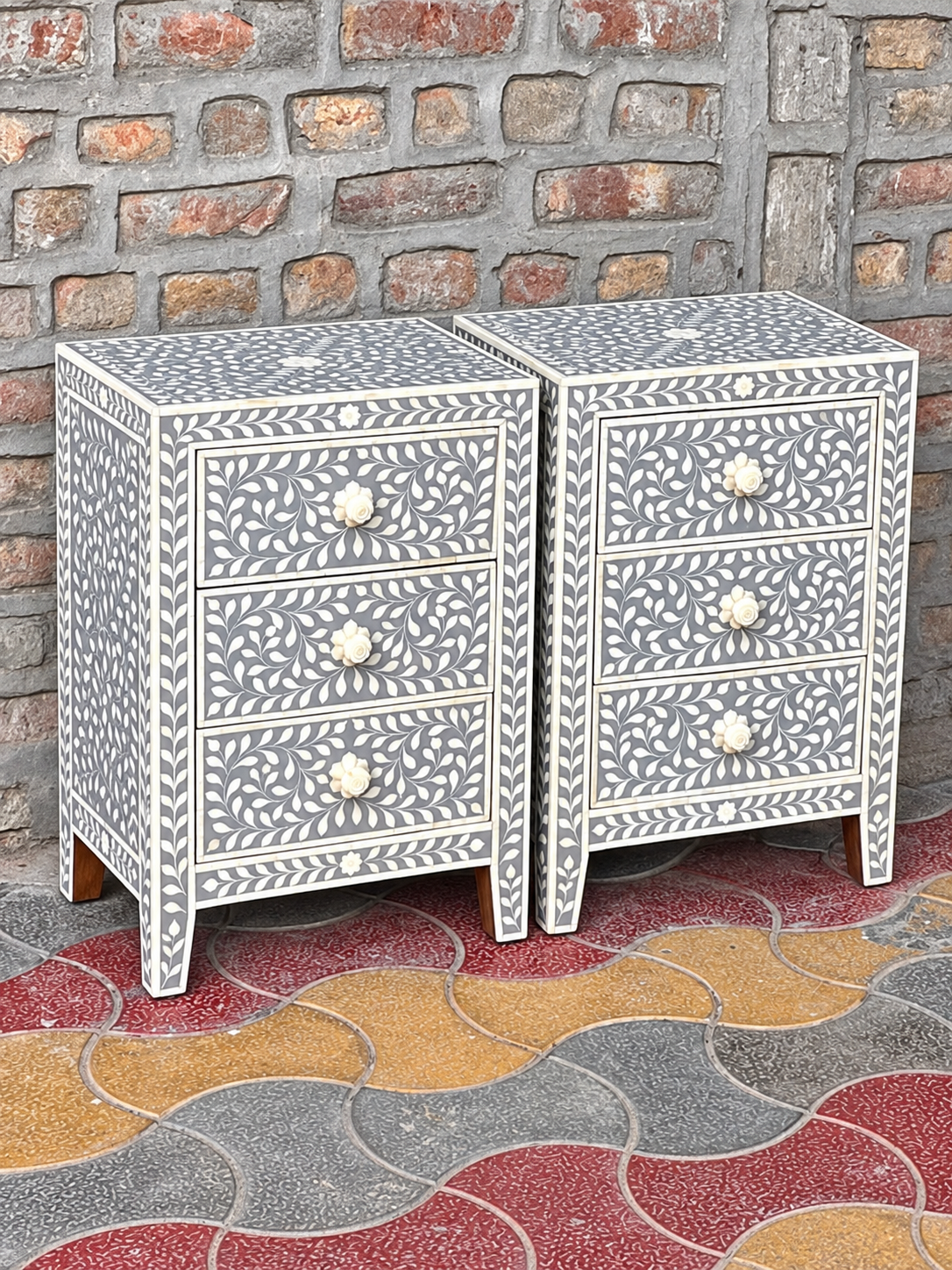 Set of 2 Handmade Grey Bone Inlay Bedside Tables – Floral 3 Drawer Nightstands