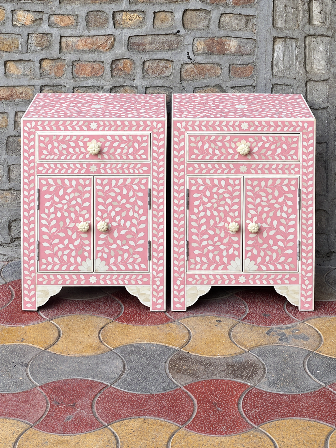 Set of 2 Handmade Pink Bone Inlay Bedside Tables – Floral Nightstand Cabinets