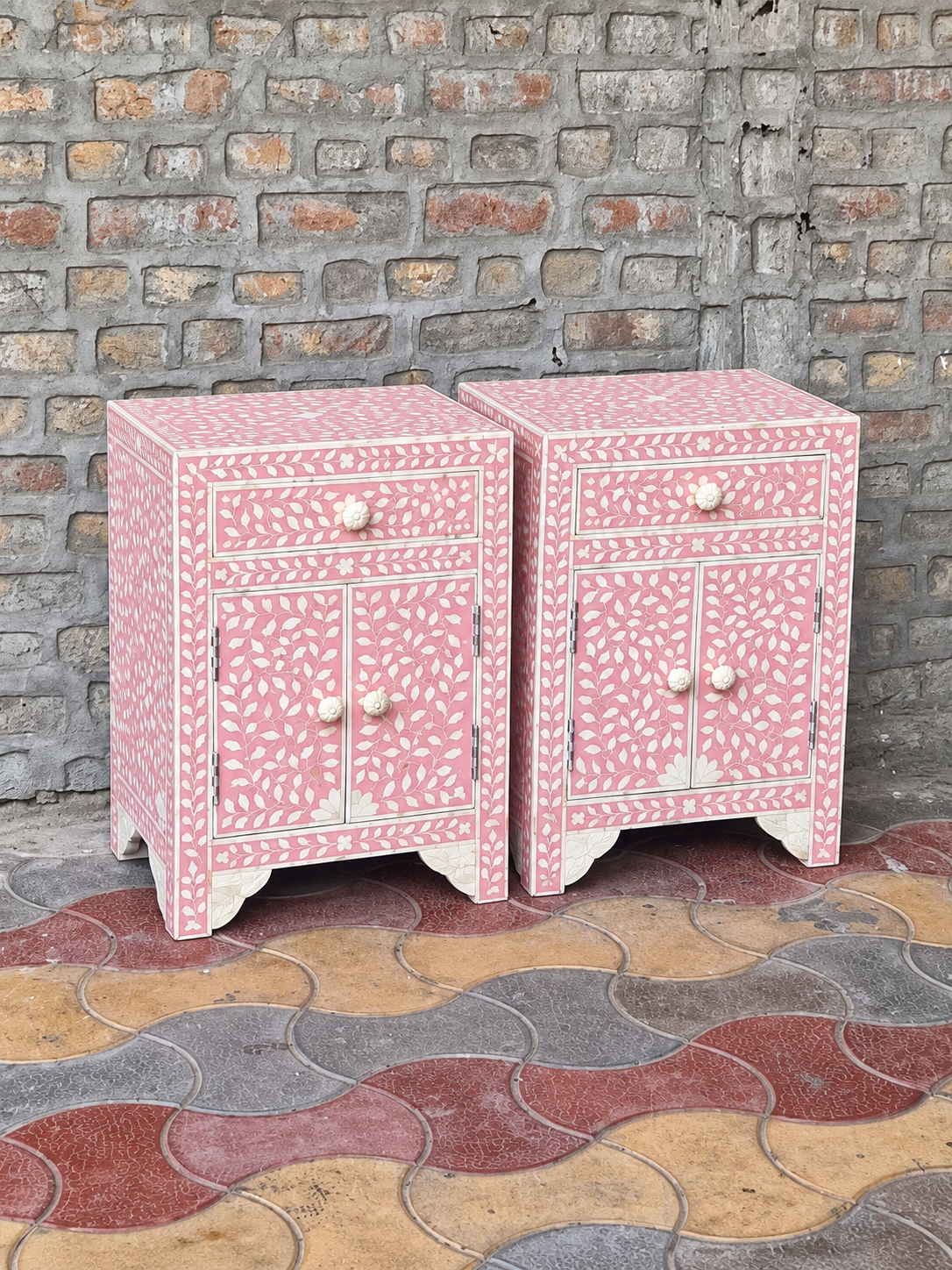 Set of 2 Handmade Pink Bone Inlay Bedside Tables – Floral Nightstand Cabinets