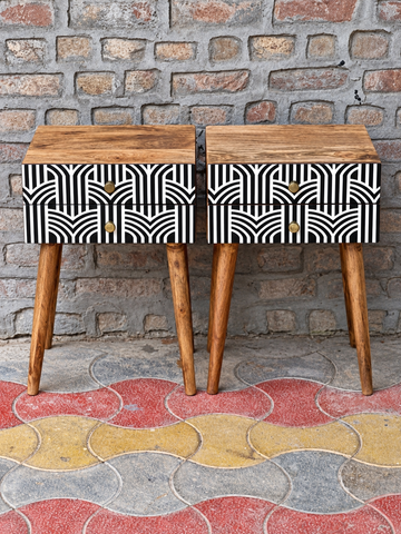 Set of 2 Handmade Black & White Bone Inlay Bedside Tables – 2 Drawer Wooden Nightstands