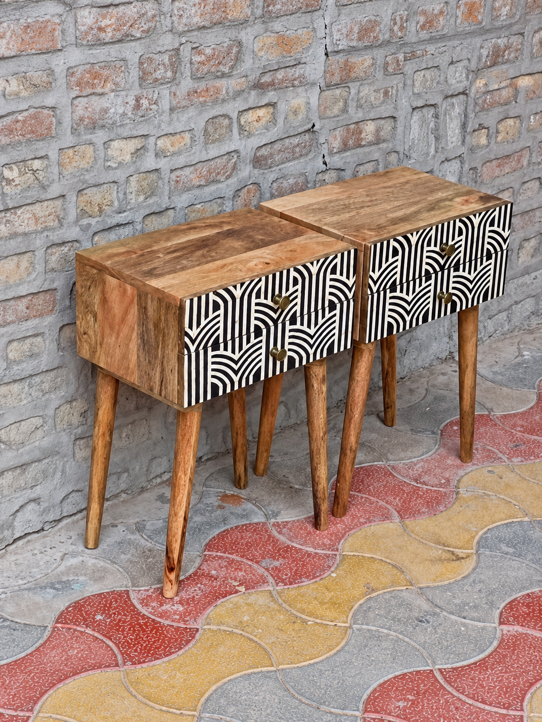 Set of 2 Handmade Black & White Bone Inlay Bedside Tables – 2 Drawer Wooden Nightstands