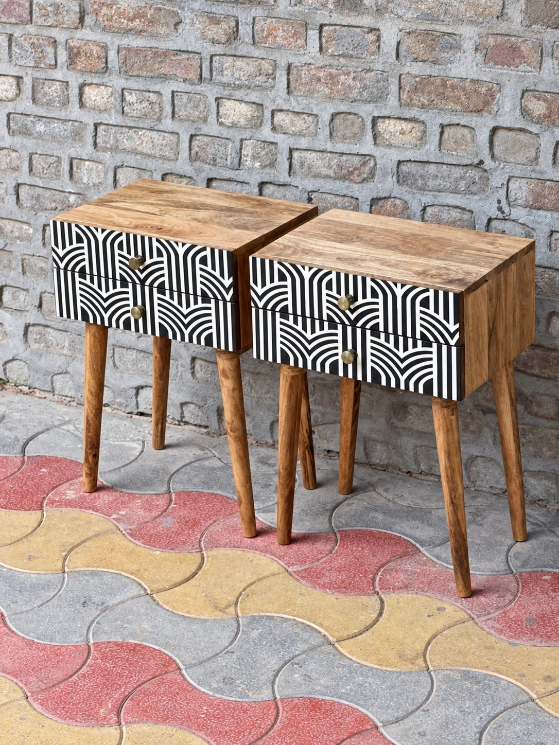 Set of 2 Handmade Black & White Bone Inlay Bedside Tables – 2 Drawer Wooden Nightstands