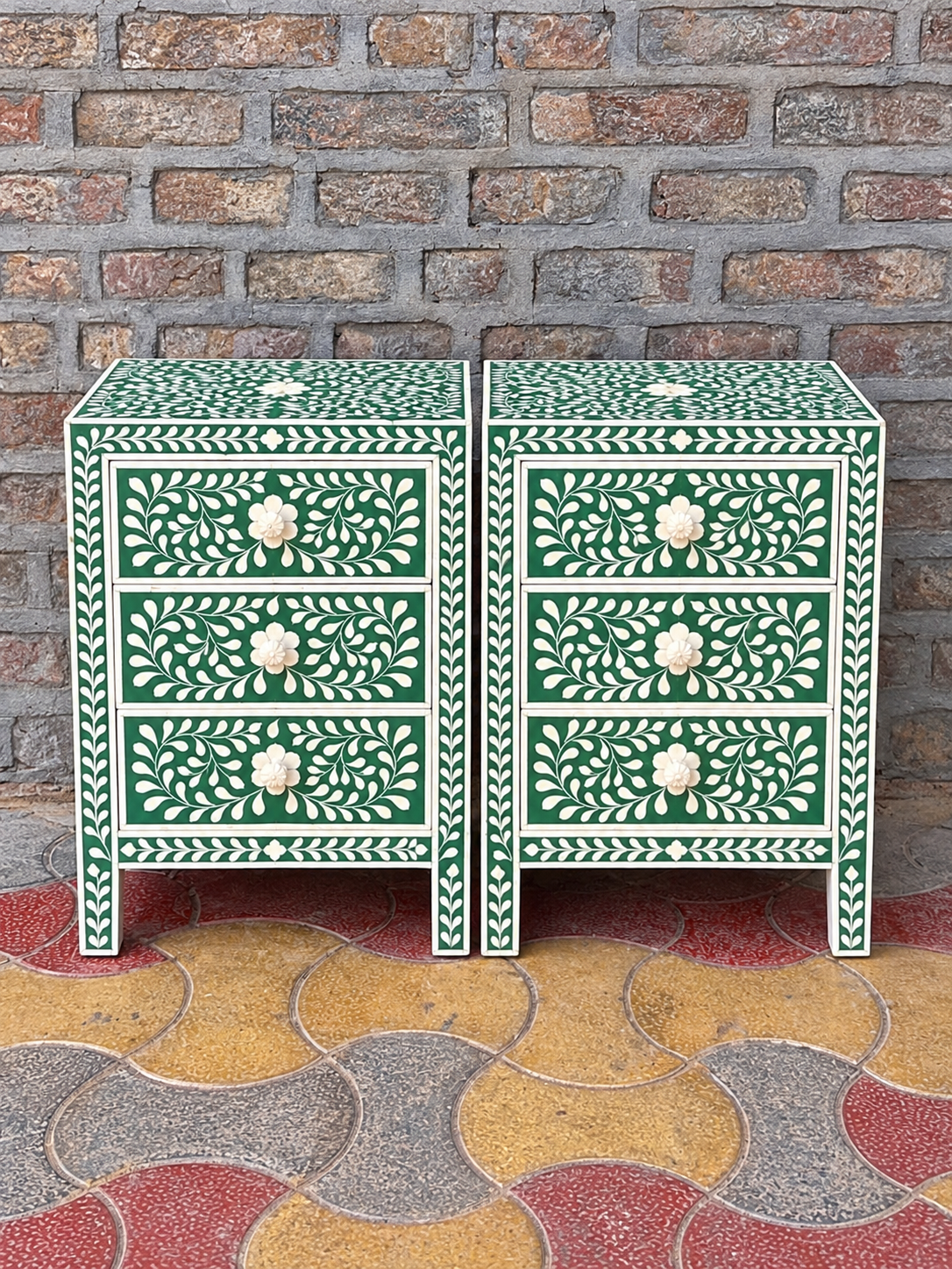 Set of 2 Handmade Green Bone Inlay Bedside Tables – Floral 3 Drawer Nightstands