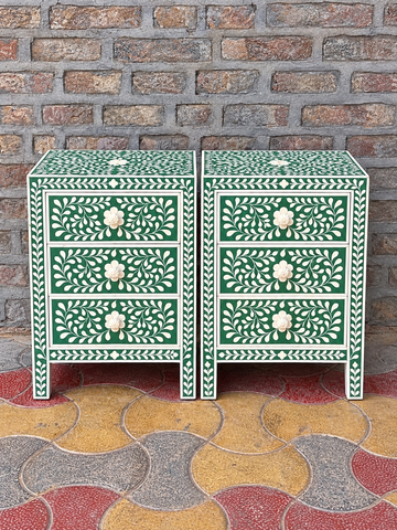 Set of 2 Handmade Green Bone Inlay Bedside Tables – Floral 3 Drawer Nightstands