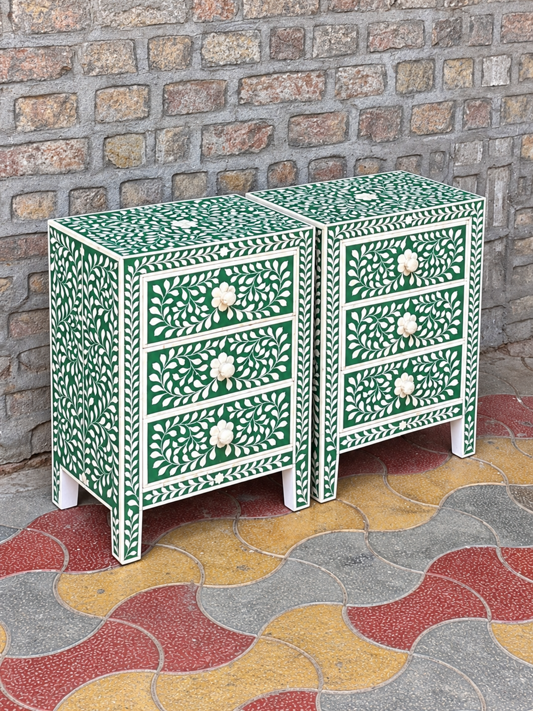 Set of 2 Handmade Green Bone Inlay Bedside Tables – Floral 3 Drawer Nightstands