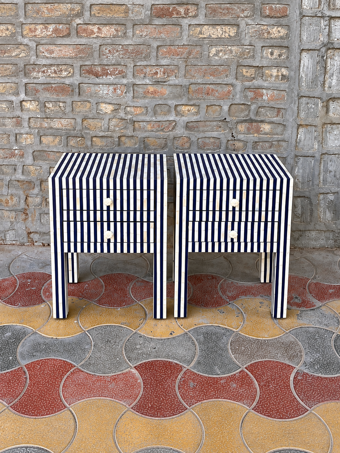 Set of 2 Handmade Blue & White Striped Bone Inlay Bedside Tables – 2 Drawer Nightstands