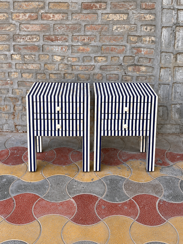 Set of 2 Handmade Blue & White Striped Bone Inlay Bedside Tables – 2 Drawer Nightstands